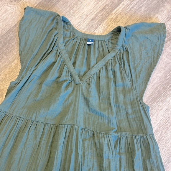 Boho Chic Olive Green Flutter Sleeve Babydoll Dress | 100% Cotton Tiered V-Neck - Picture 3 of 7